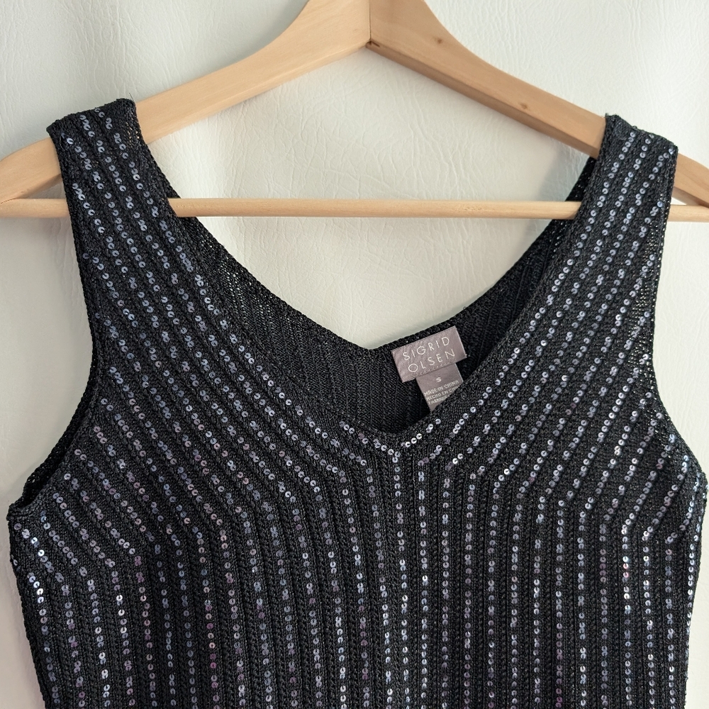 Sigrid Olsen Black Silk Blend Silver Sequin Stripes Sleeveless Knit Pullover Top - Picture 5 of 14